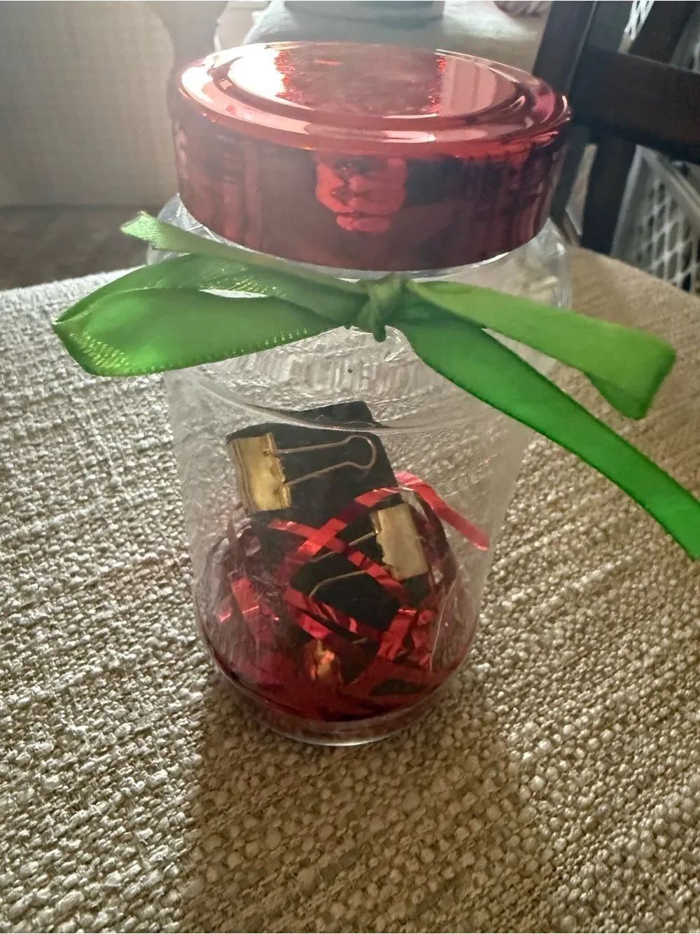 Apple Themed Clear Plastic Jar with Red Lid and Green Ribbon plus small clips
